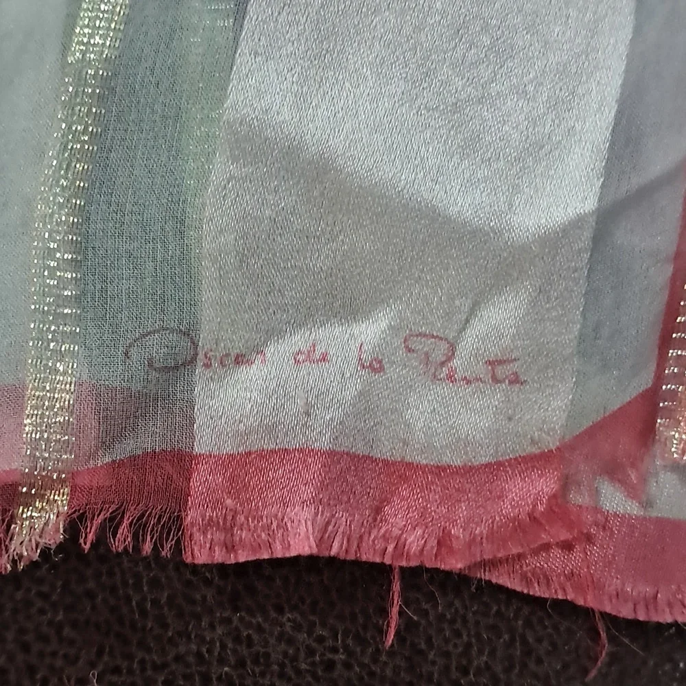 Oscar de la Renta Oblong Pastel Silk Scarf with Metallic Threads Frayed Vintage